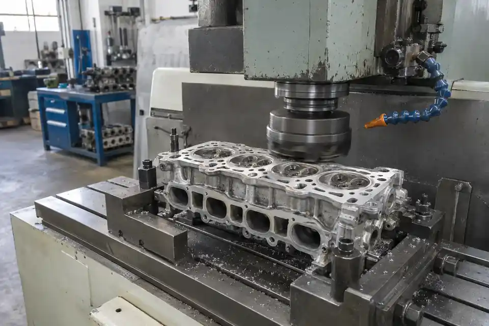 Testata in alluminio fissata sul piano di una macchina per rettifica